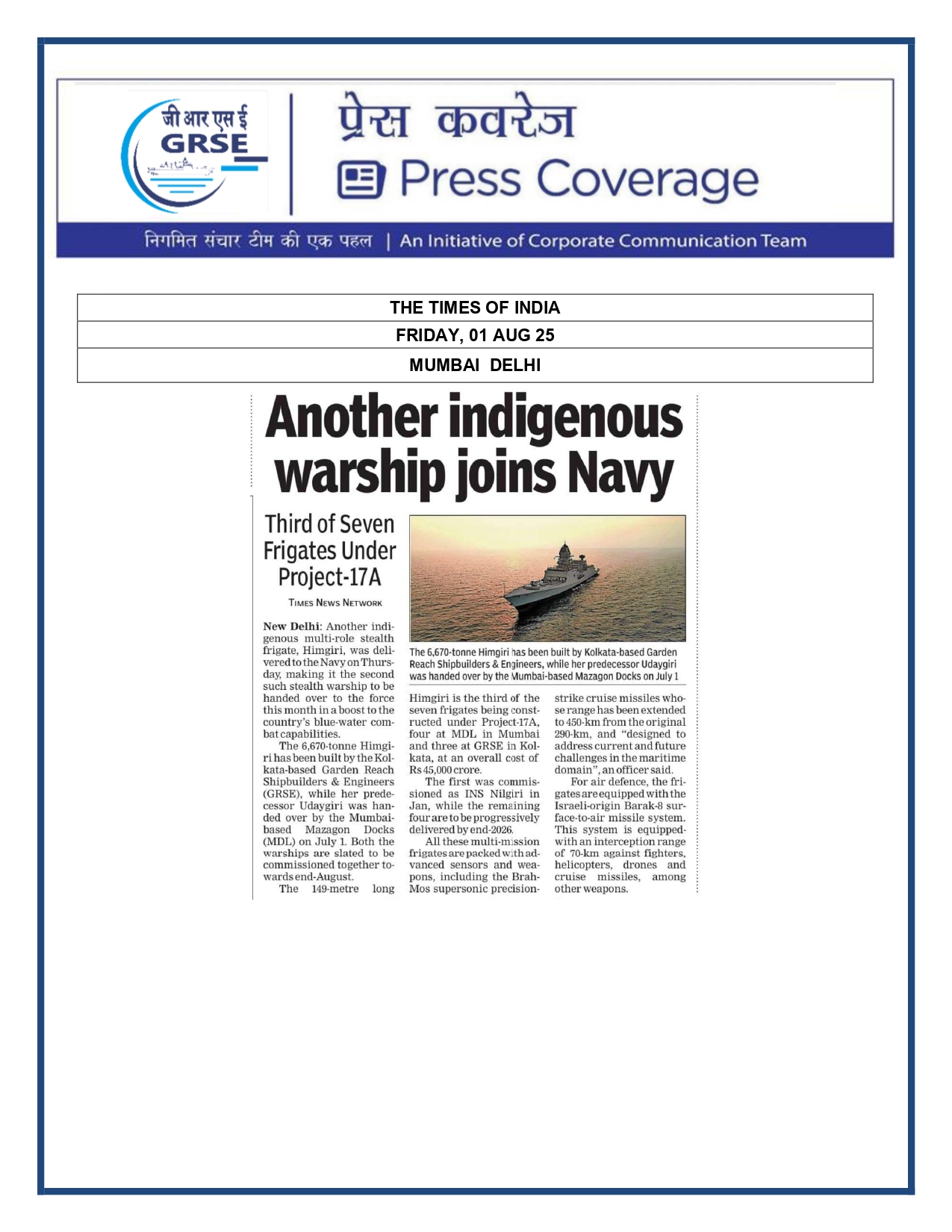 Press Coverage : 1 Aug 25:Another indigenous warship joins Navy